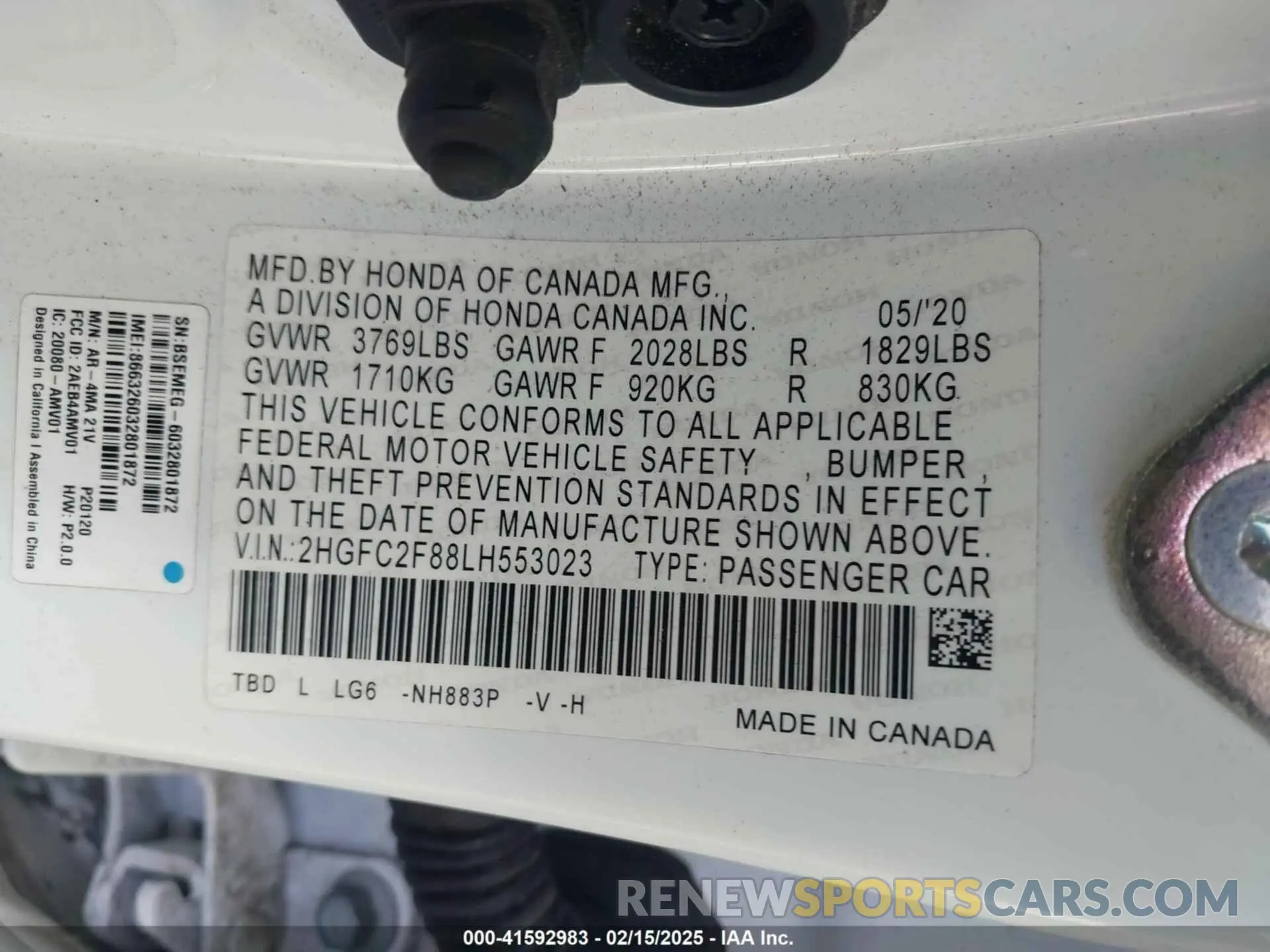 9 fotografías del automóvil dañado 2HGFC2F88LH553023 HONDA CIVIC 2020