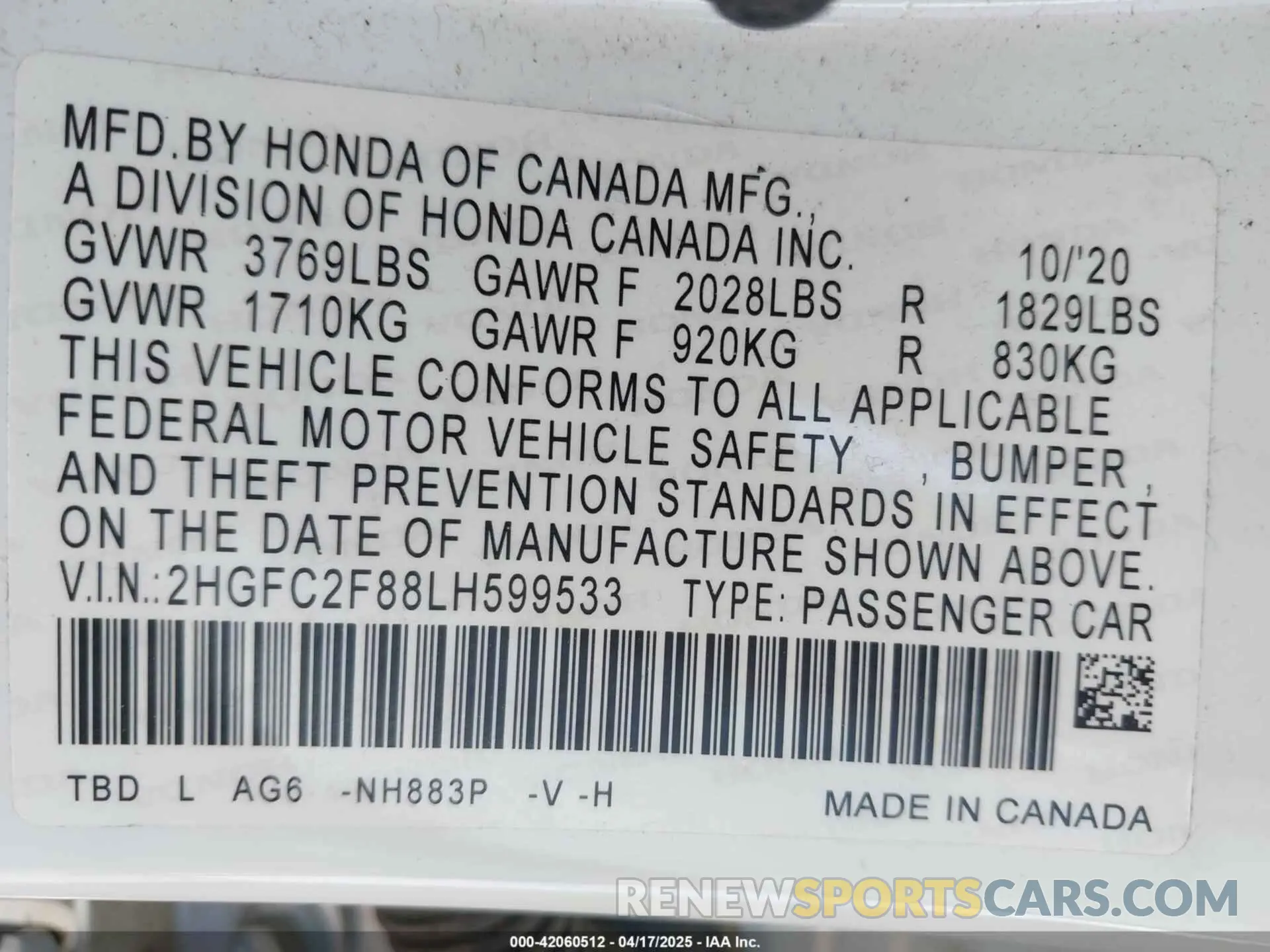 9 fotografías del automóvil dañado 2HGFC2F88LH599533 HONDA CIVIC 2020