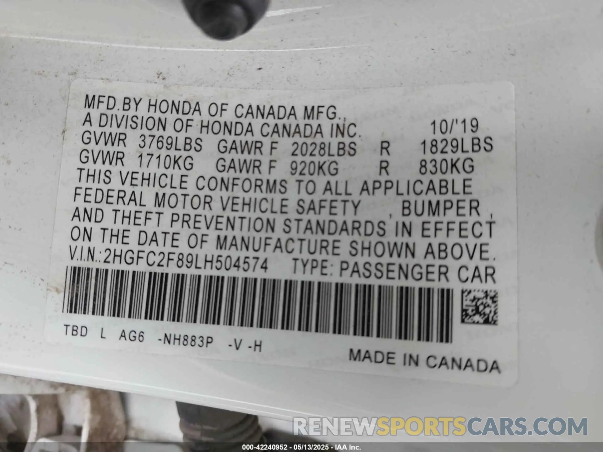 9 fotografías del automóvil dañado 2HGFC2F89LH504574 HONDA CIVIC 2020