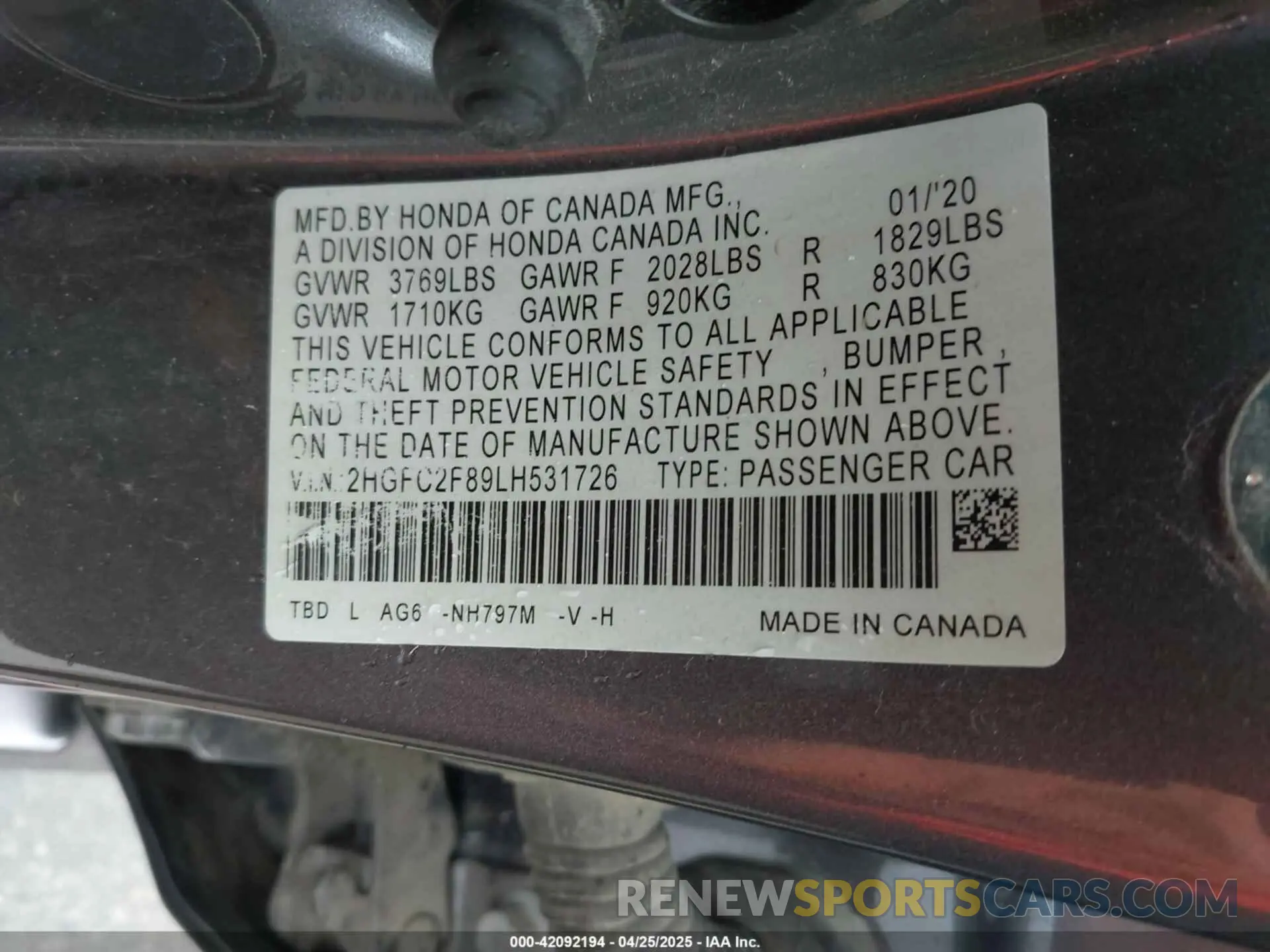9 fotografías del automóvil dañado 2HGFC2F89LH531726 HONDA CIVIC 2020