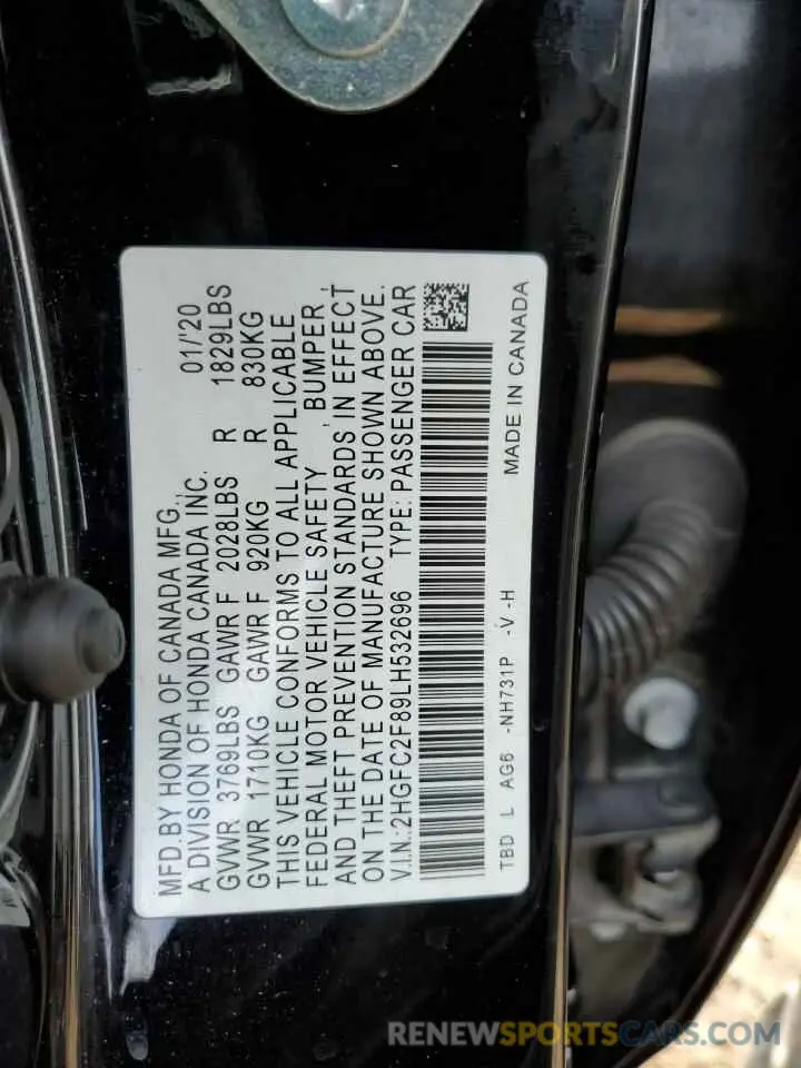 14 fotografías del automóvil dañado 2HGFC2F89LH532696 HONDA CIVIC 2020