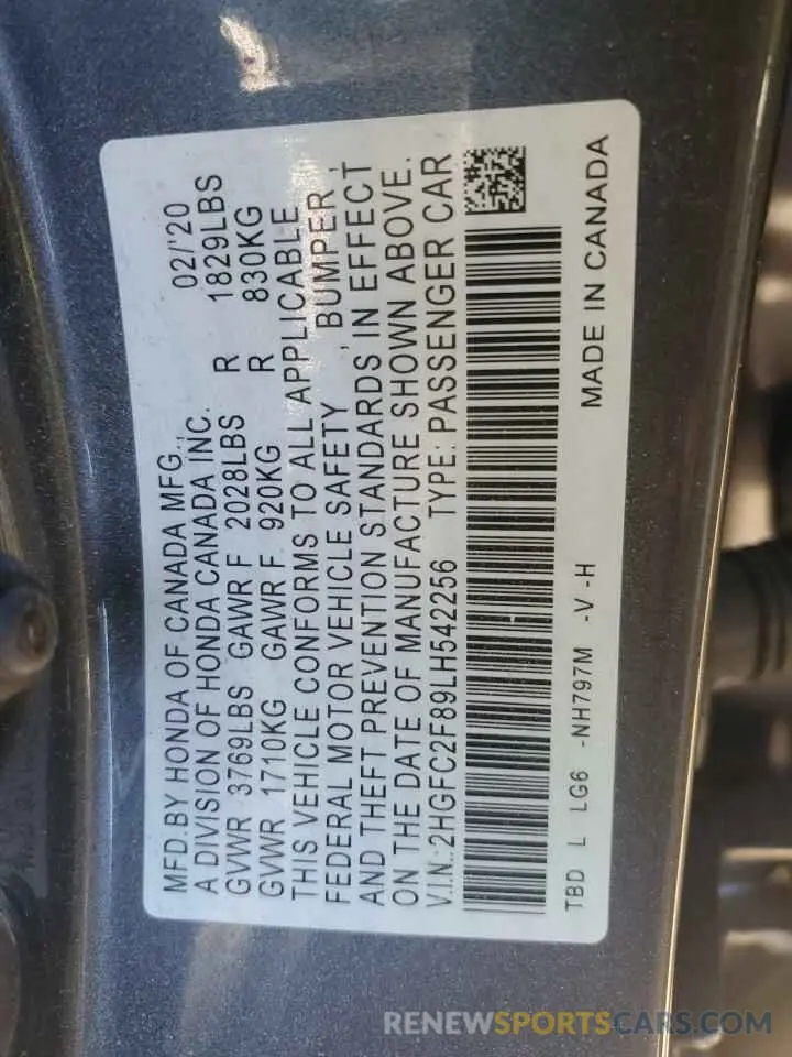 12 fotografías del automóvil dañado 2HGFC2F89LH542256 HONDA CIVIC 2020