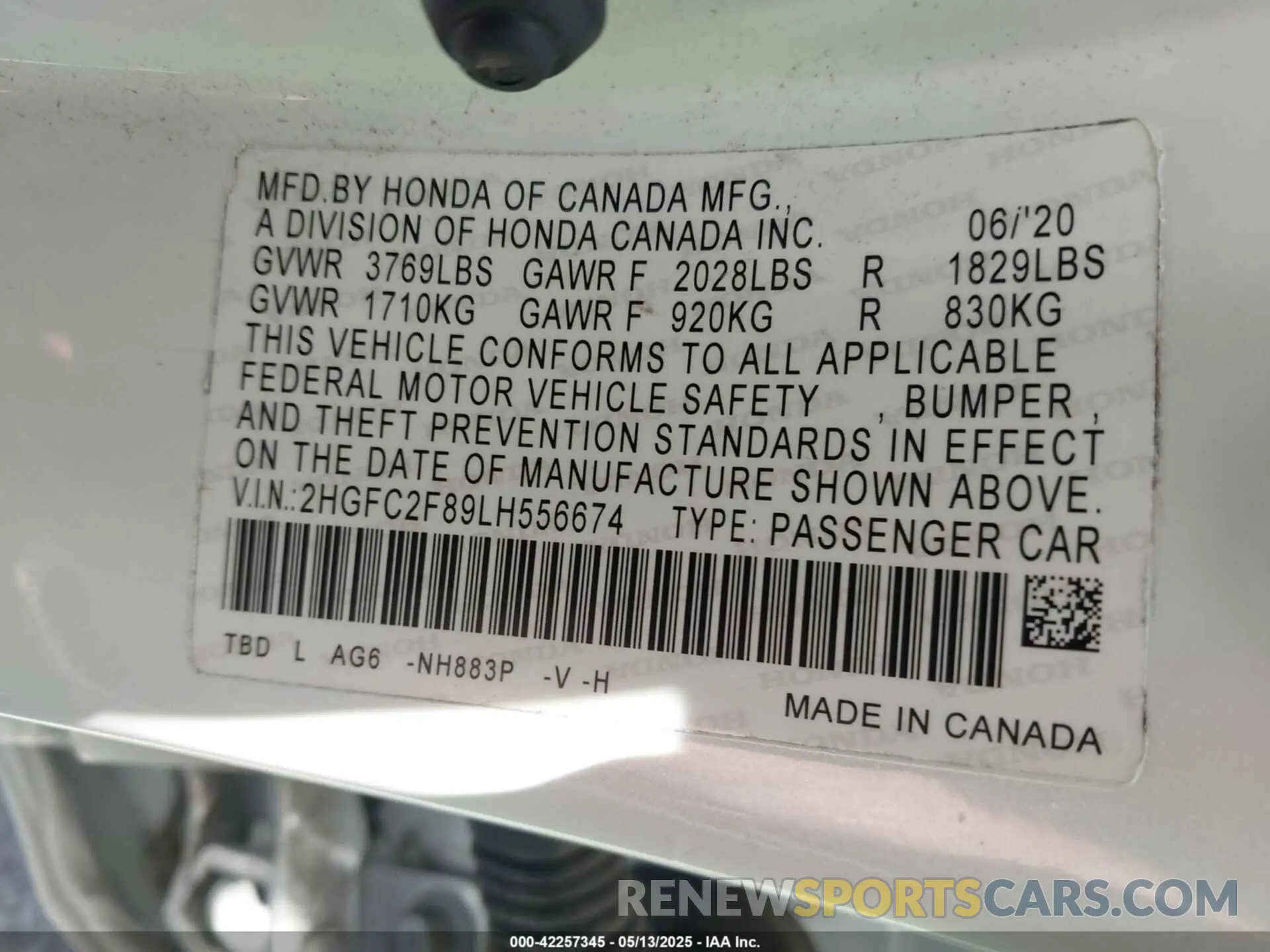 9 fotografías del automóvil dañado 2HGFC2F89LH556674 HONDA CIVIC 2020