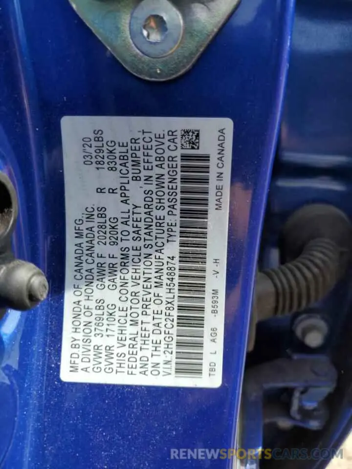 12 fotografías del automóvil dañado 2HGFC2F8XLH548874 HONDA CIVIC 2020