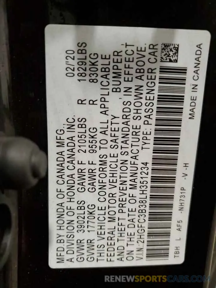 12 fotografías del automóvil dañado 2HGFC3B38LH351234 HONDA CIVIC 2020