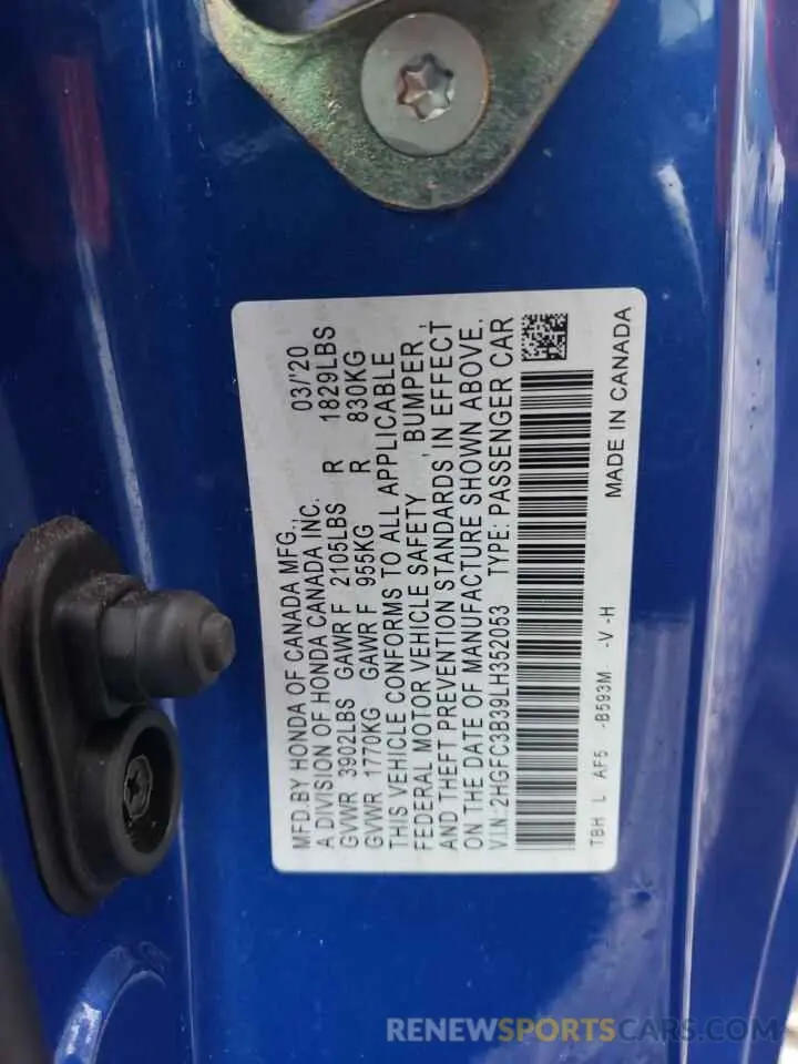 12 fotografías del automóvil dañado 2HGFC3B39LH352053 HONDA CIVIC 2020