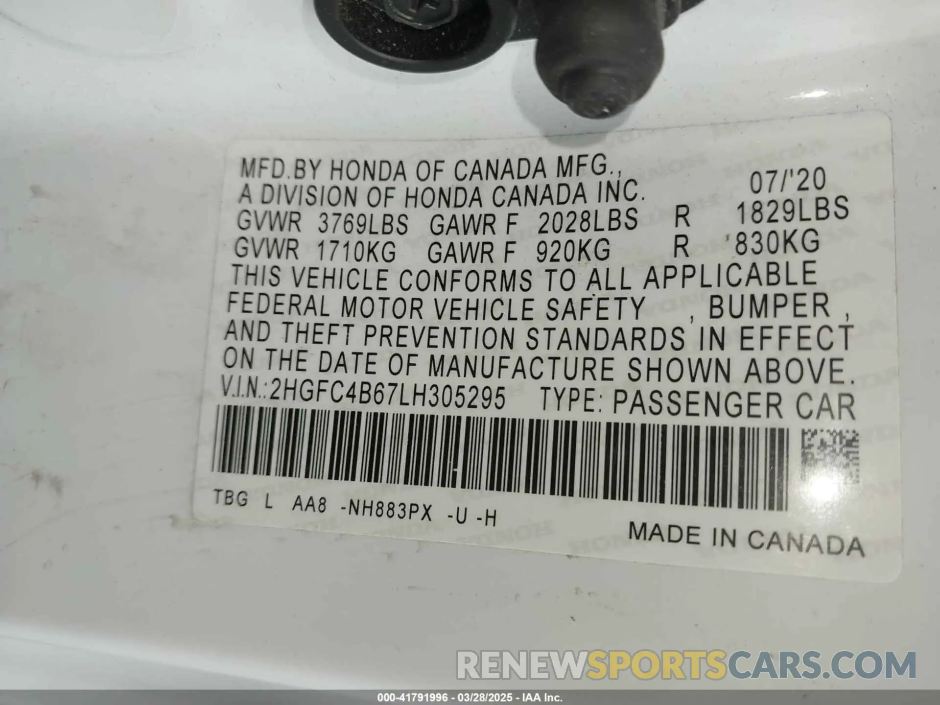 9 fotografías del automóvil dañado 2HGFC4B67LH305295 HONDA CIVIC 2020