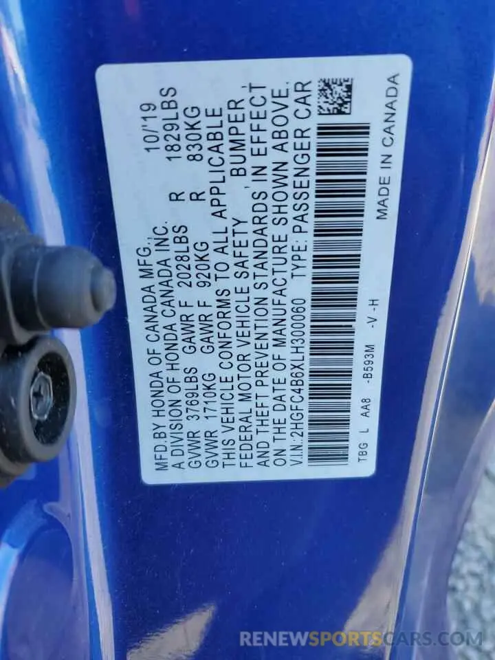 12 fotografías del automóvil dañado 2HGFC4B6XLH300060 HONDA CIVIC 2020