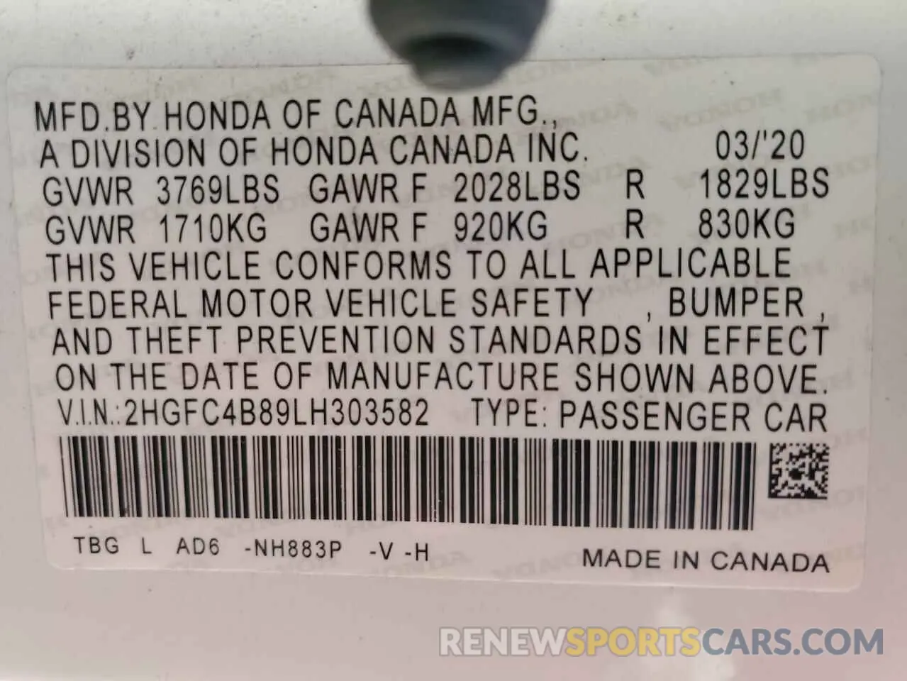12 fotografías del automóvil dañado 2HGFC4B89LH303582 HONDA CIVIC 2020