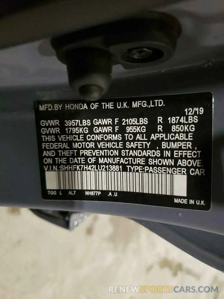 12 fotografías del automóvil dañado SHHFK7H42LU213881 HONDA CIVIC 2020