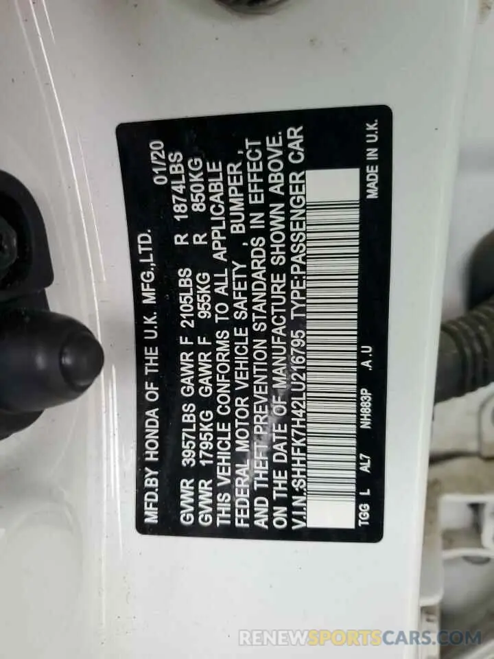 12 fotografías del automóvil dañado SHHFK7H42LU216795 HONDA CIVIC 2020