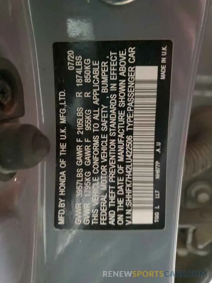 14 fotografías del automóvil dañado SHHFK7H42LU422506 HONDA CIVIC 2020