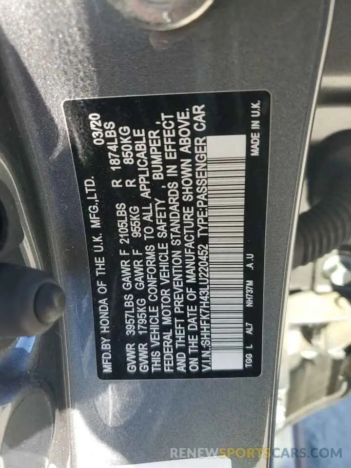 12 fotografías del automóvil dañado SHHFK7H43LU220452 HONDA CIVIC 2020