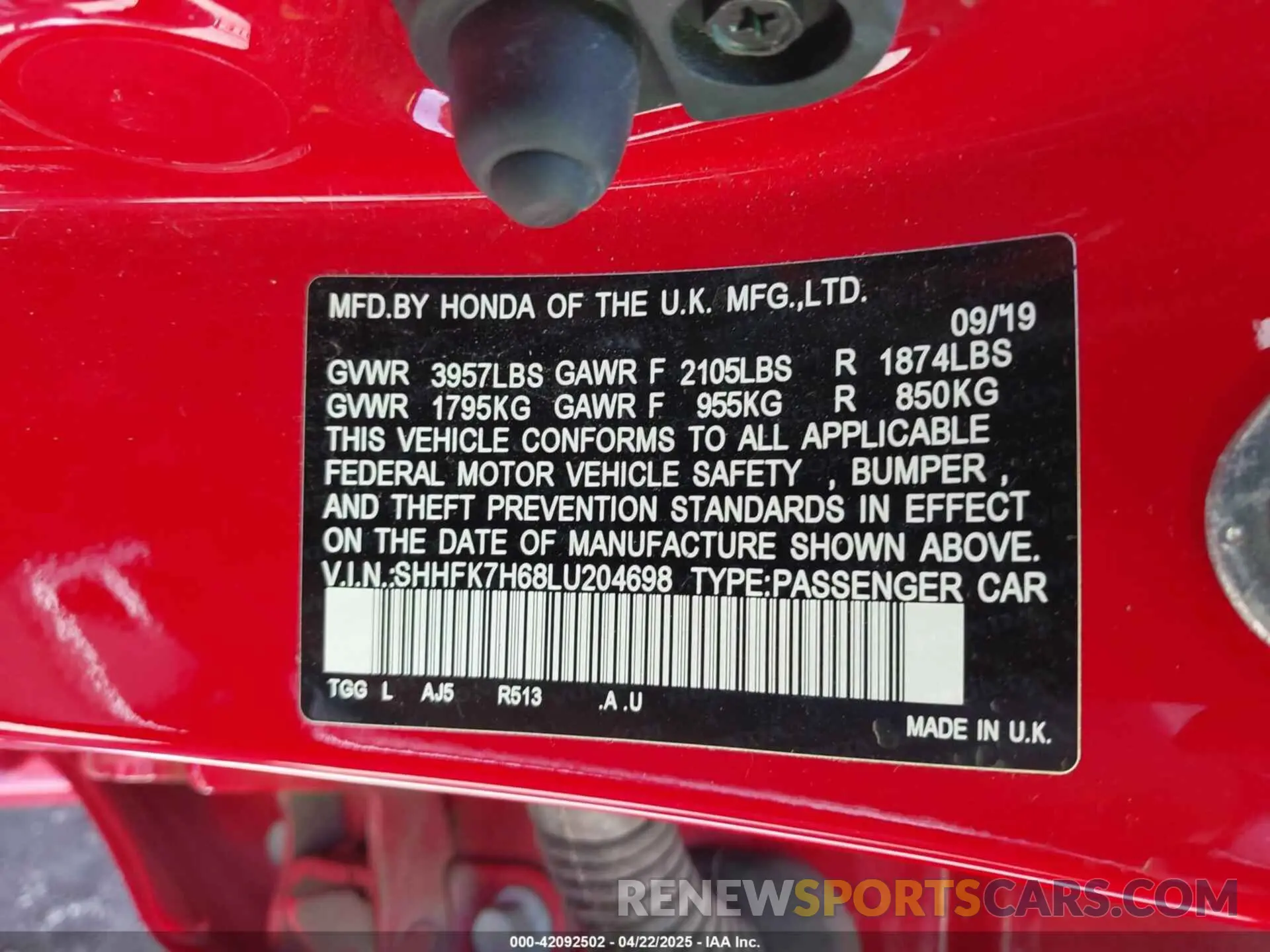 9 fotografías del automóvil dañado SHHFK7H68LU204698 HONDA CIVIC 2020