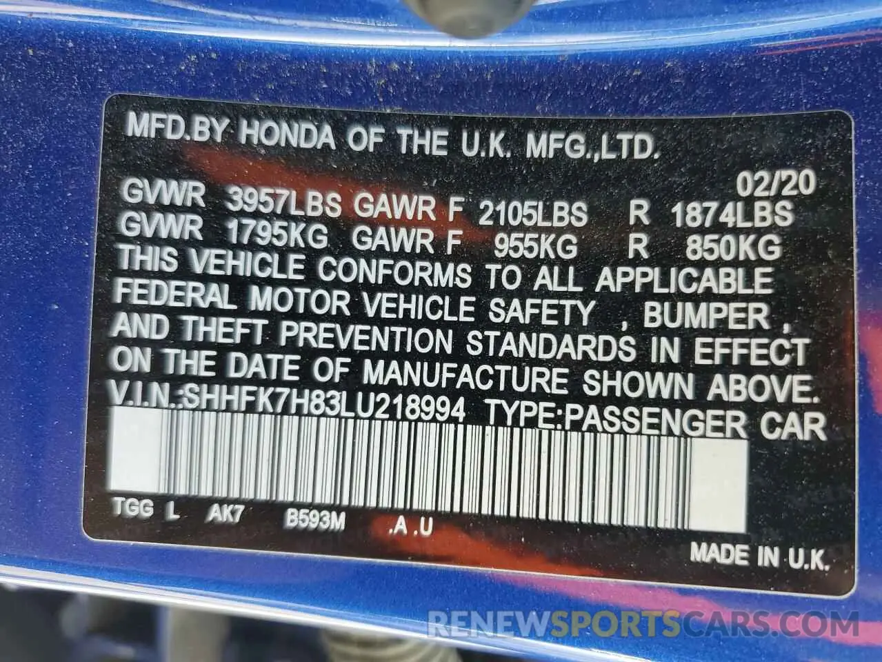 13 fotografías del automóvil dañado SHHFK7H83LU218994 HONDA CIVIC 2020