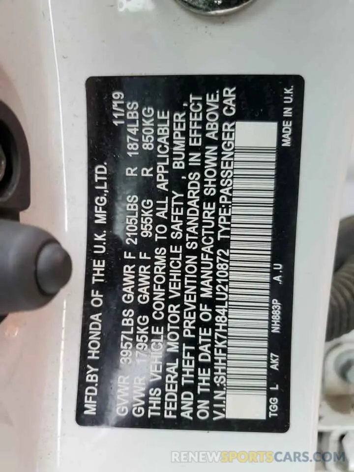 14 fotografías del automóvil dañado SHHFK7H84LU210872 HONDA CIVIC 2020