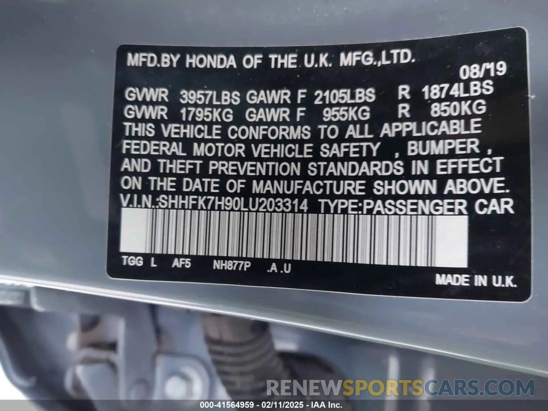 9 fotografías del automóvil dañado SHHFK7H90LU203314 HONDA CIVIC 2020