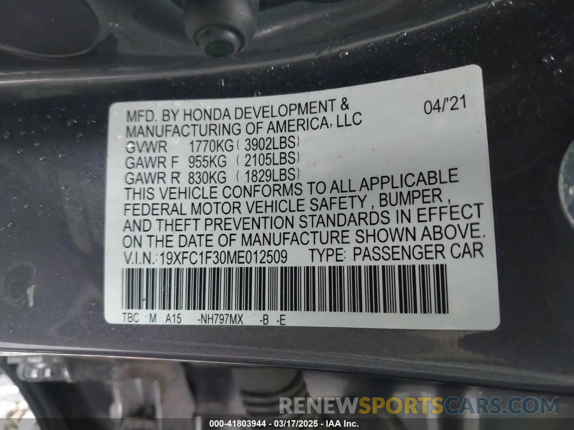 9 fotografías del automóvil dañado 19XFC1F30ME012509 HONDA CIVIC 2021