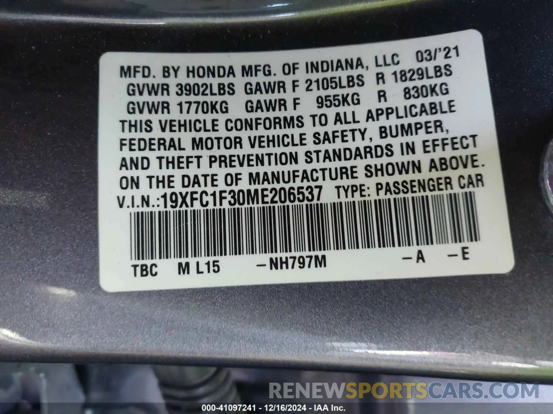 9 fotografías del automóvil dañado 19XFC1F30ME206537 HONDA CIVIC 2021