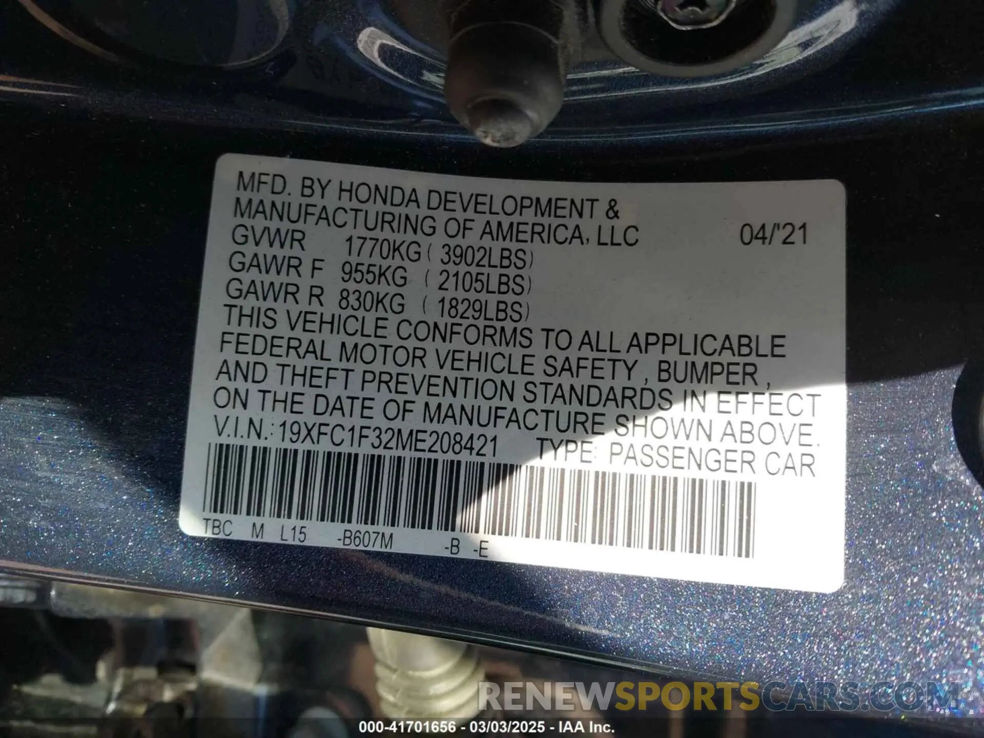 9 fotografías del automóvil dañado 19XFC1F32ME208421 HONDA CIVIC 2021