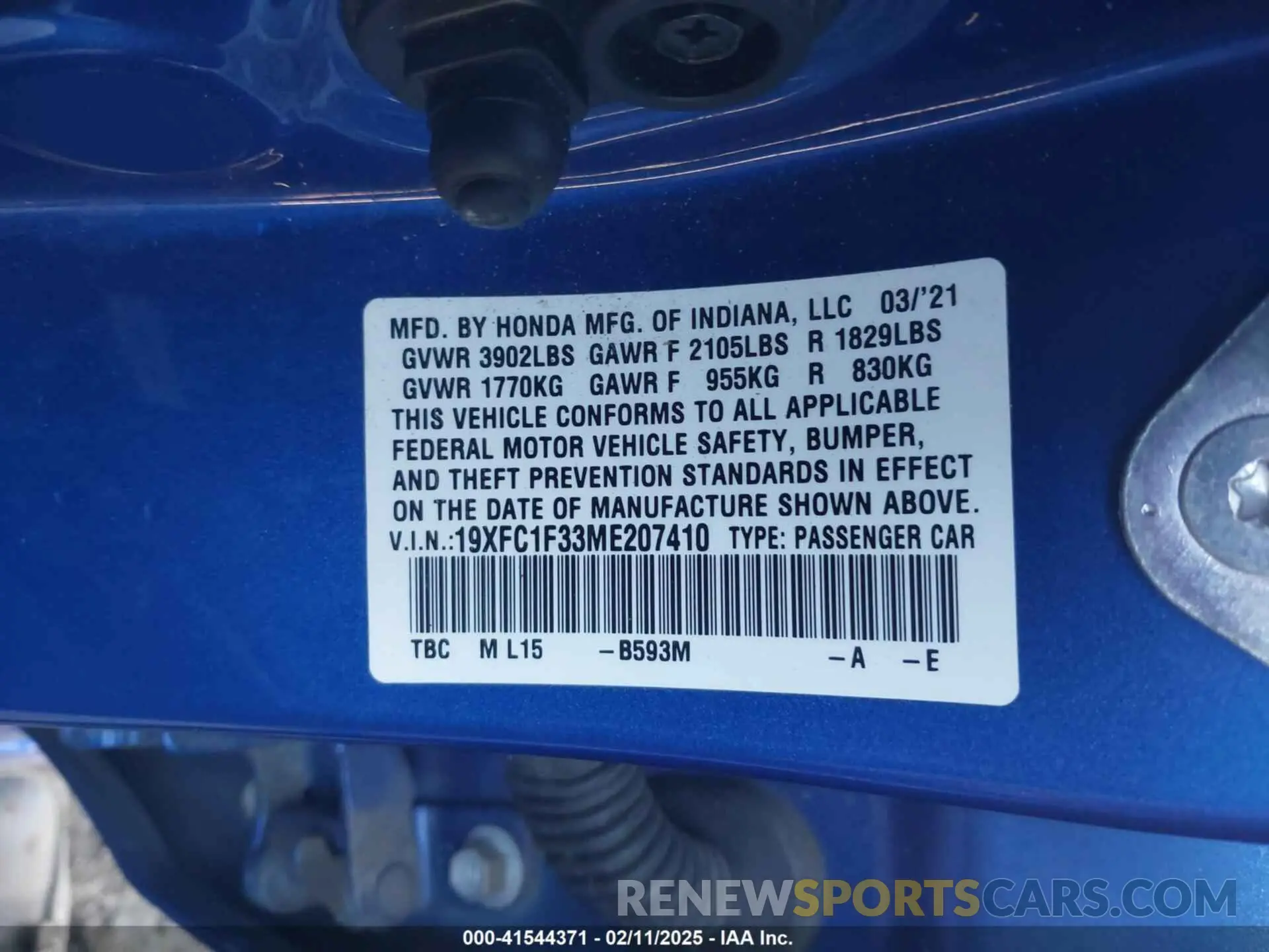 9 fotografías del automóvil dañado 19XFC1F33ME207410 HONDA CIVIC 2021