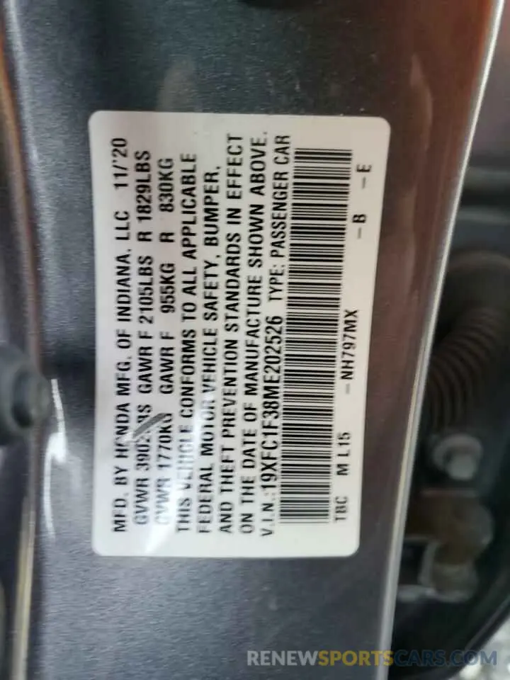 12 fotografías del automóvil dañado 19XFC1F38ME202526 HONDA CIVIC 2021