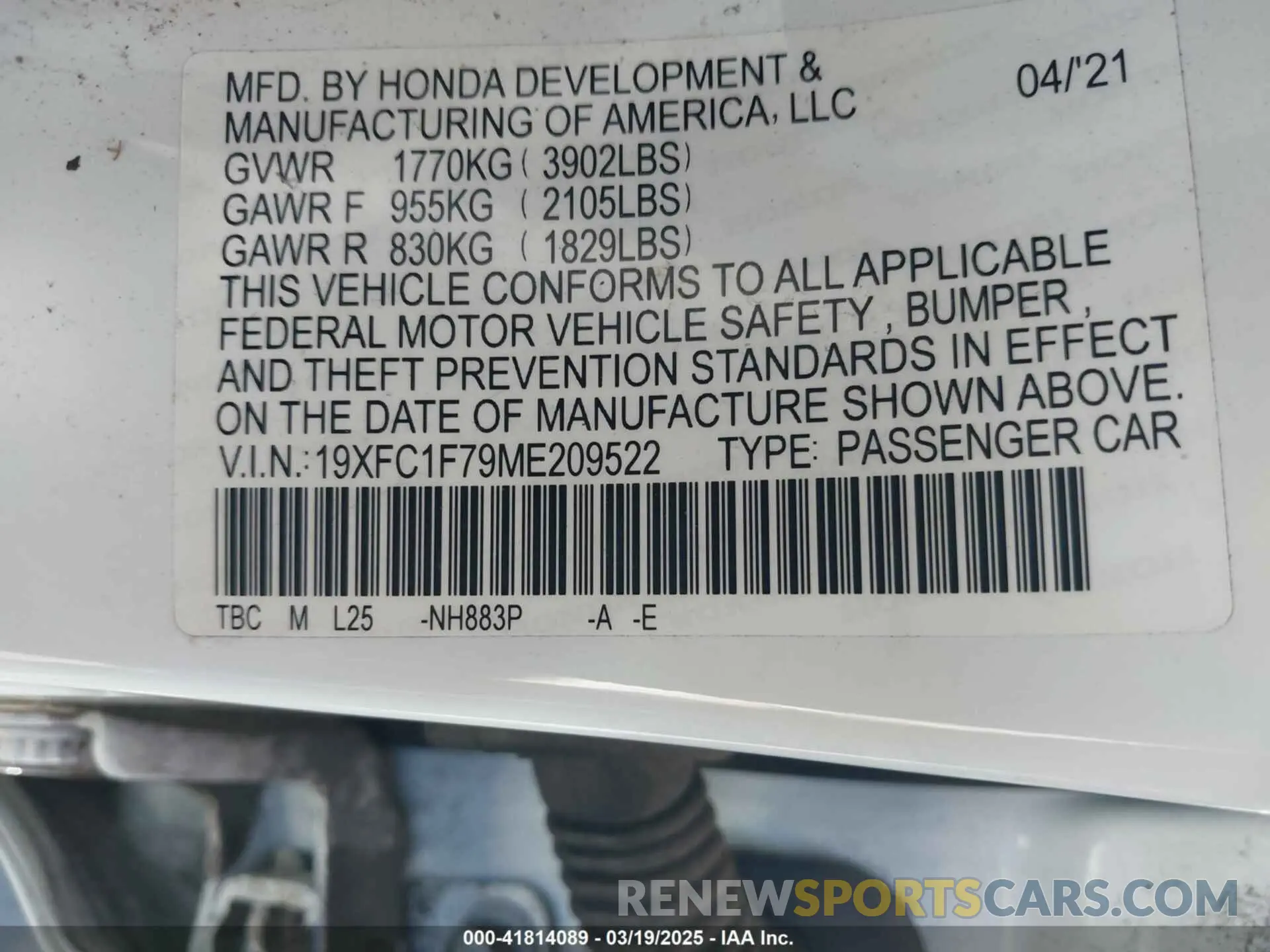9 fotografías del automóvil dañado 19XFC1F79ME209522 HONDA CIVIC 2021