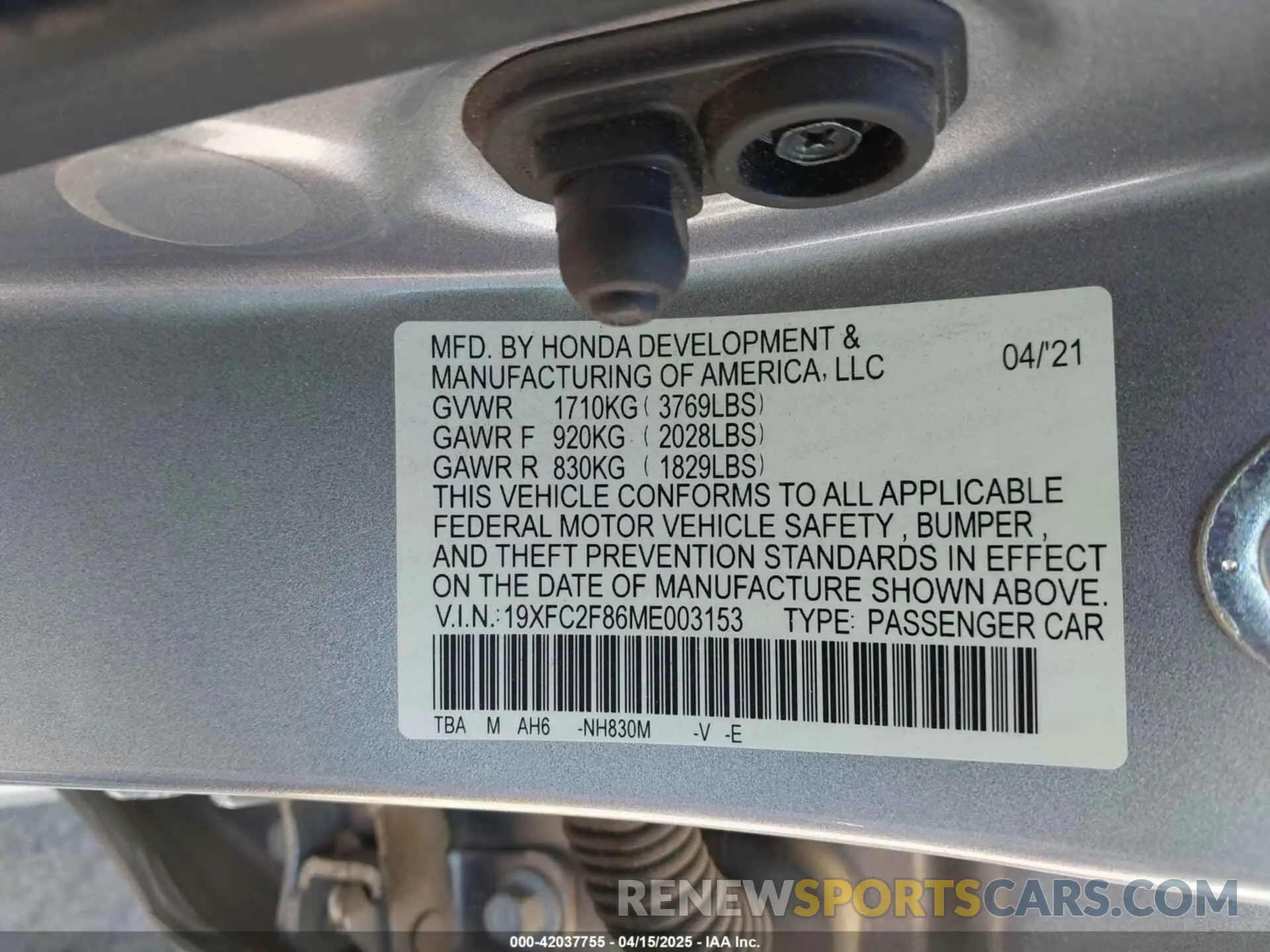 9 fotografías del automóvil dañado 19XFC2F86ME003153 HONDA CIVIC 2021