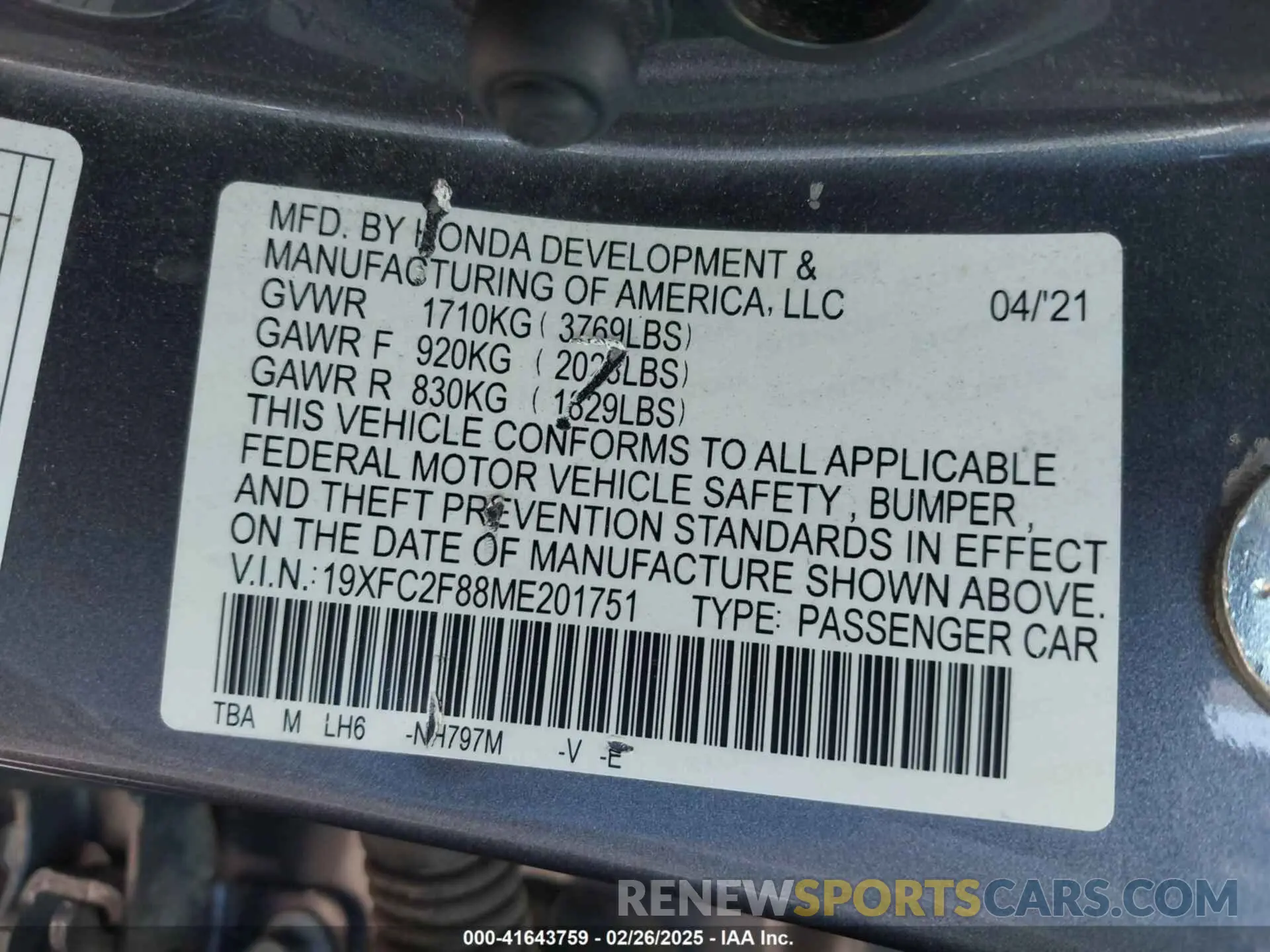 9 fotografías del automóvil dañado 19XFC2F88ME201751 HONDA CIVIC 2021