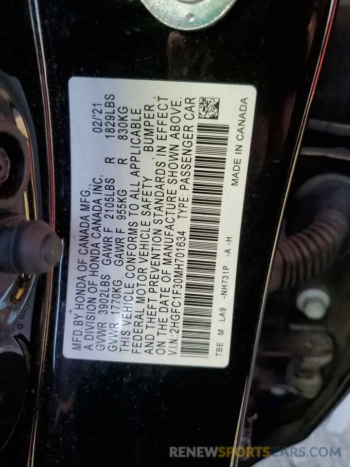 12 fotografías del automóvil dañado 2HGFC1F30MH701634 HONDA CIVIC 2021