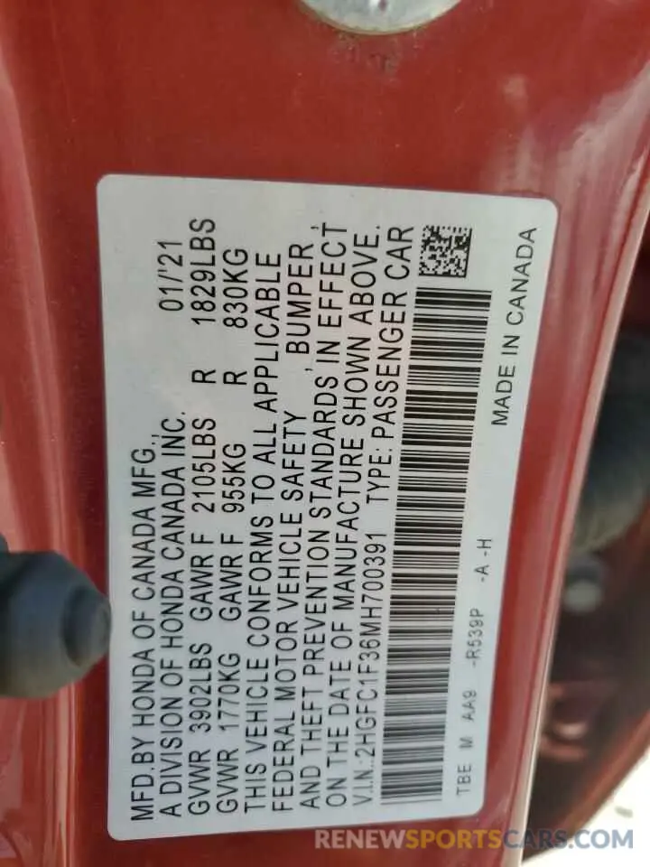 12 fotografías del automóvil dañado 2HGFC1F36MH700391 HONDA CIVIC 2021