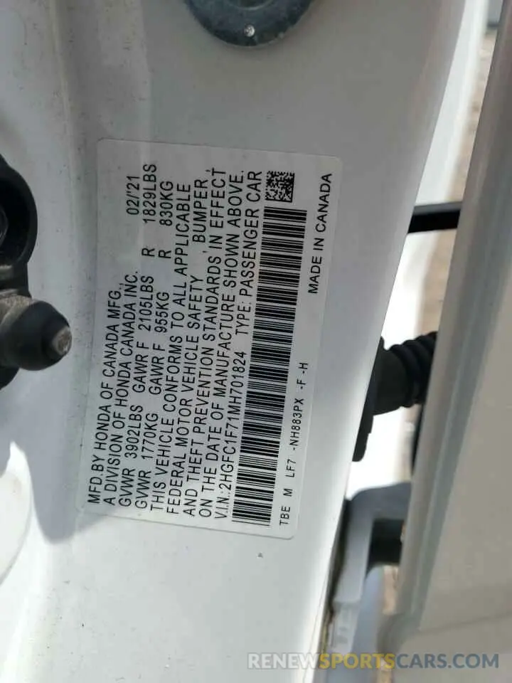 12 fotografías del automóvil dañado 2HGFC1F71MH701824 HONDA CIVIC 2021