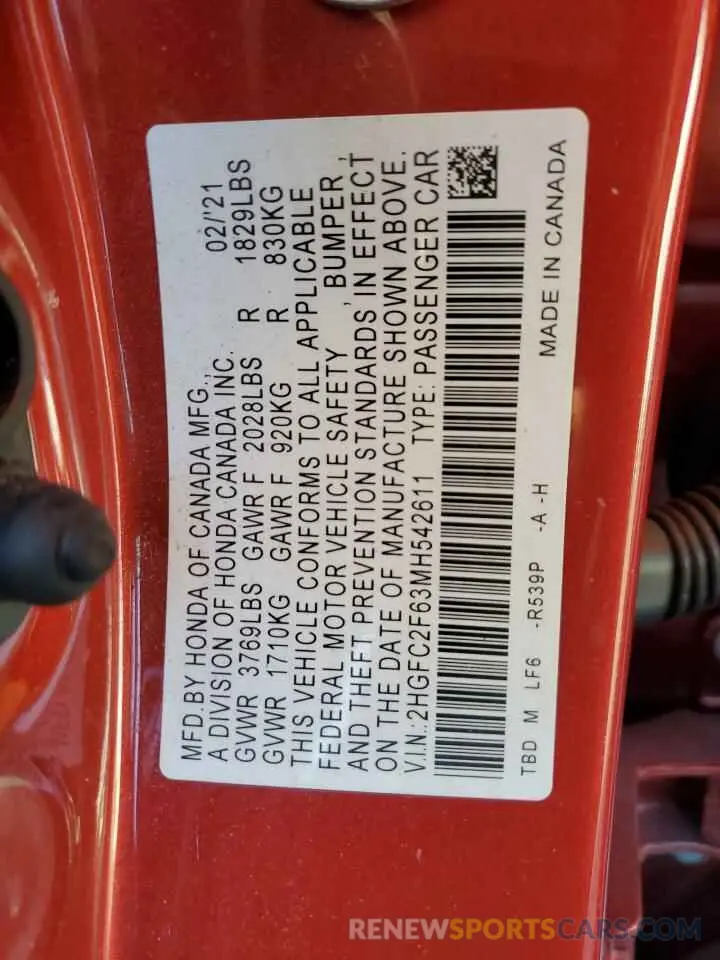 12 fotografías del automóvil dañado 2HGFC2F63MH542611 HONDA CIVIC 2021