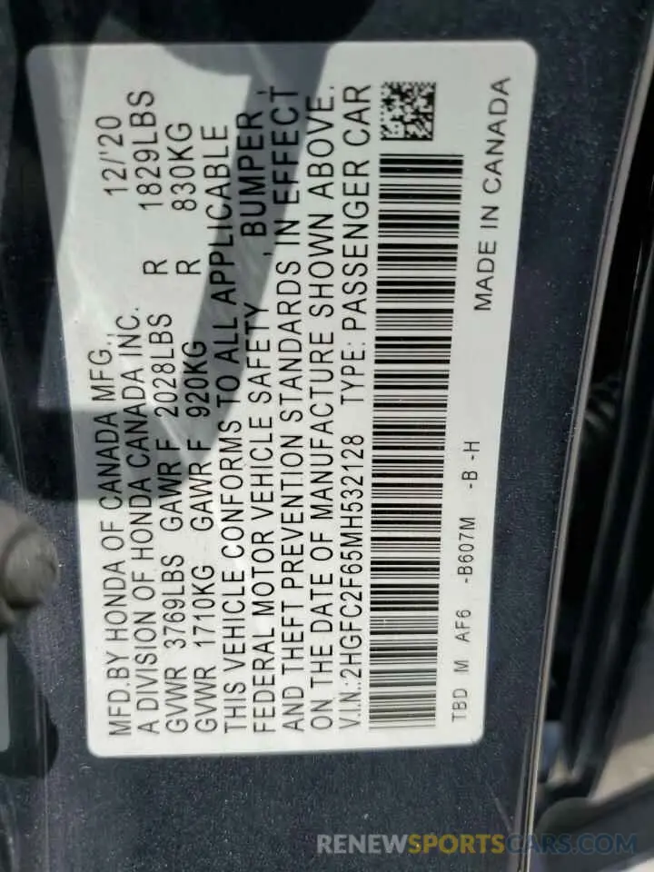 12 fotografías del automóvil dañado 2HGFC2F65MH532128 HONDA CIVIC 2021