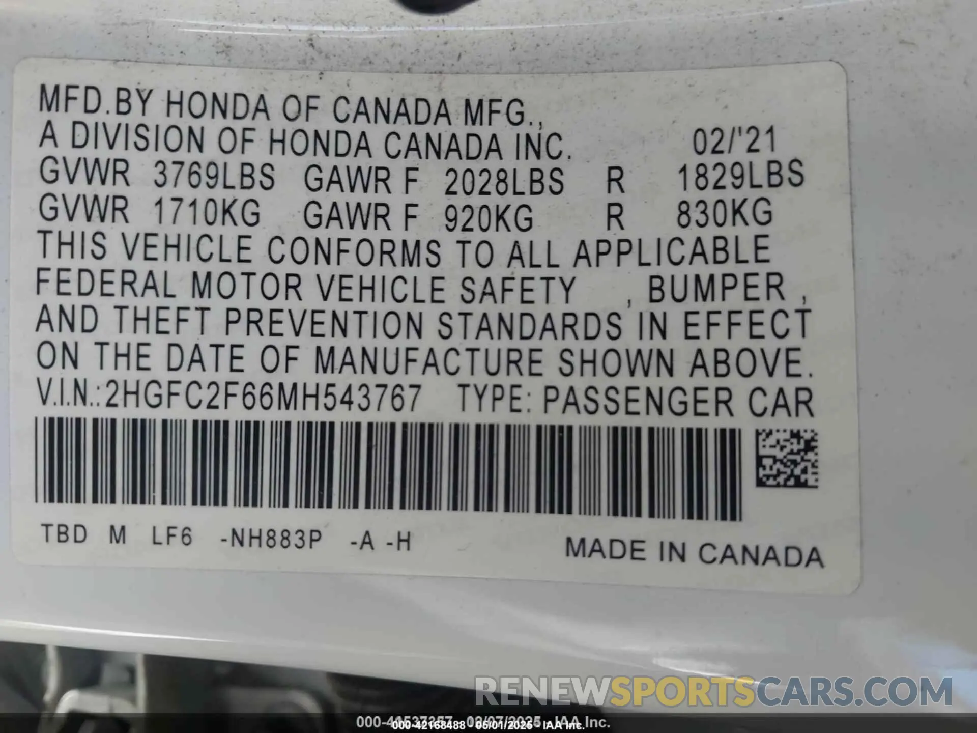9 fotografías del automóvil dañado 2HGFC2F66MH543767 HONDA CIVIC 2021