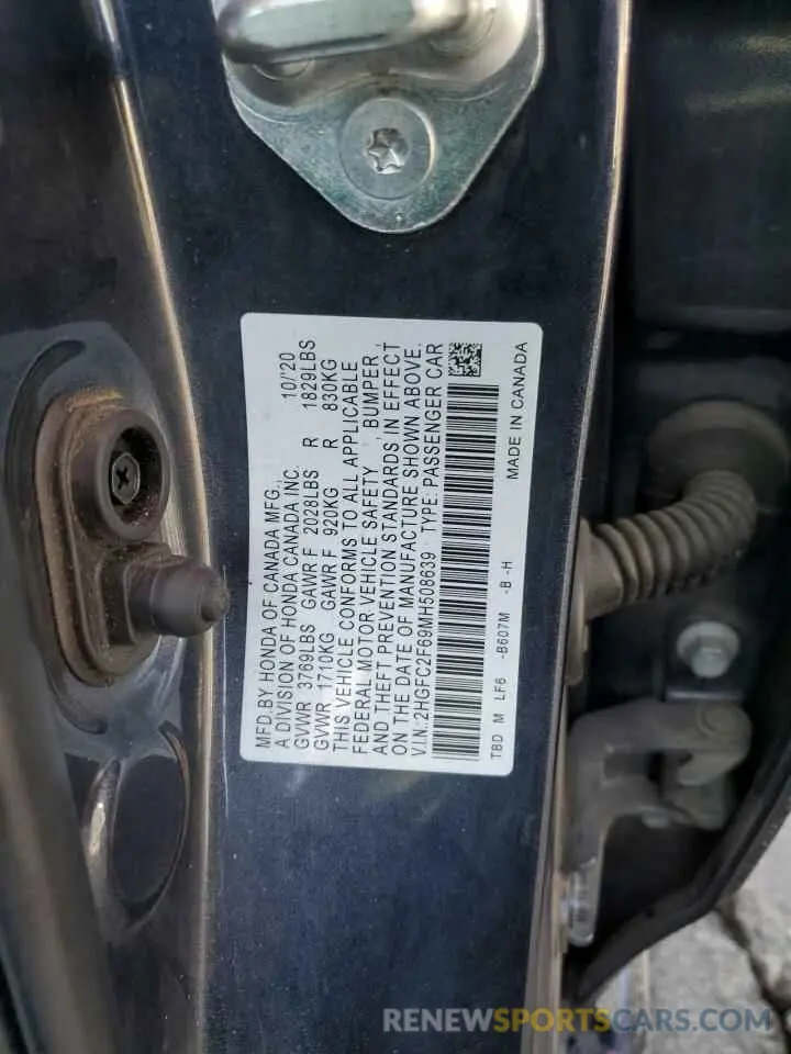 12 fotografías del automóvil dañado 2HGFC2F69MH508639 HONDA CIVIC 2021
