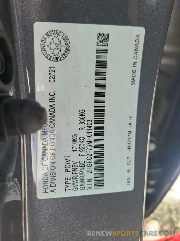12 fotografías del automóvil dañado 2HGFC2F73MH011403 HONDA CIVIC 2021