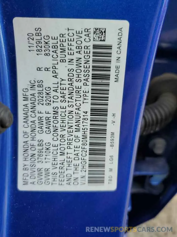 13 fotografías del automóvil dañado 2HGFC2F80MH517814 HONDA CIVIC 2021