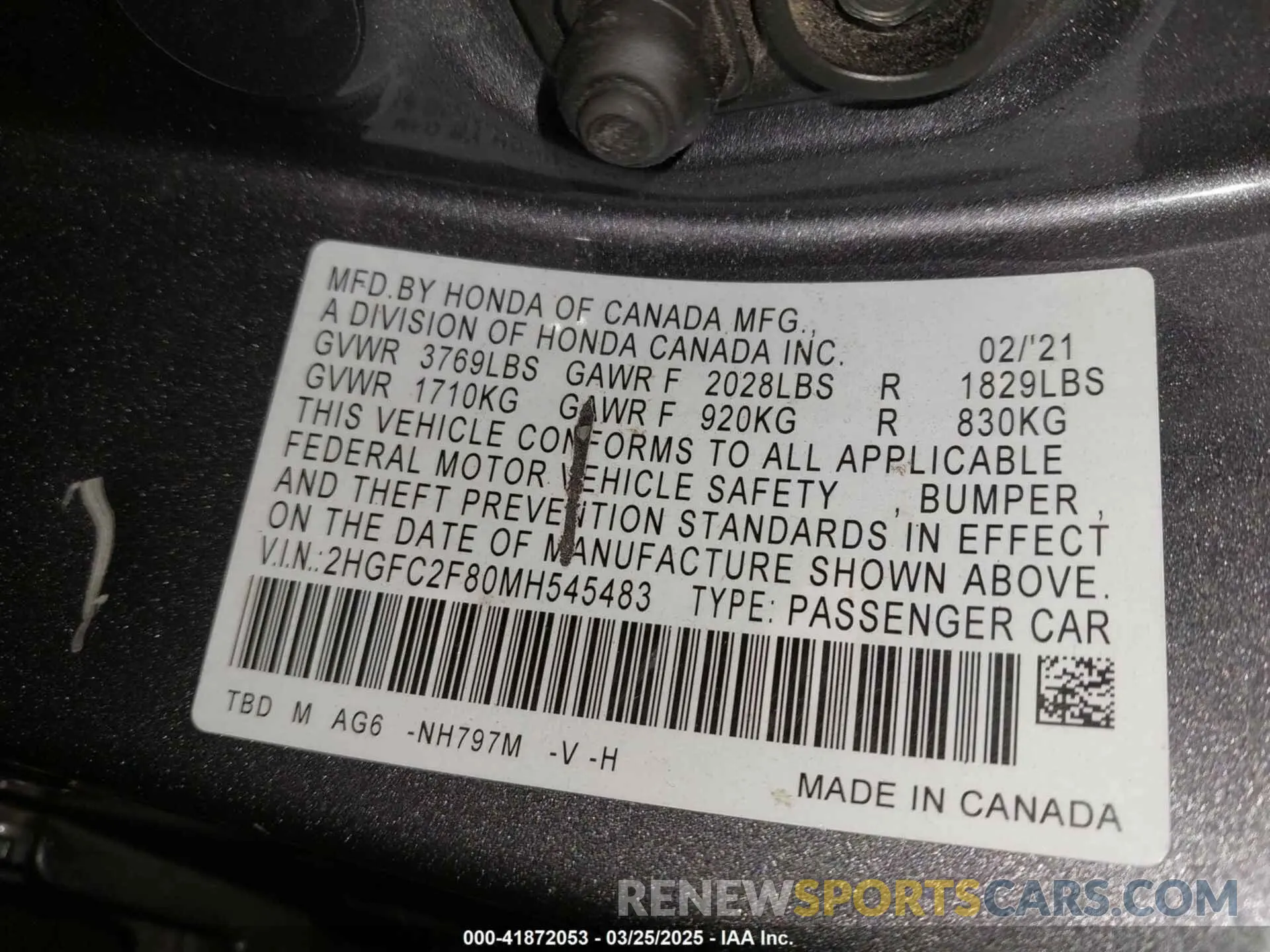 9 fotografías del automóvil dañado 2HGFC2F80MH545483 HONDA CIVIC 2021
