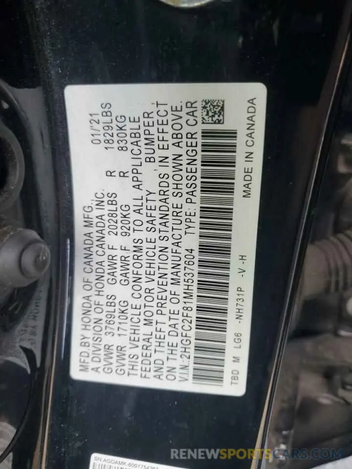 14 fotografías del automóvil dañado 2HGFC2F81MH537604 HONDA CIVIC 2021