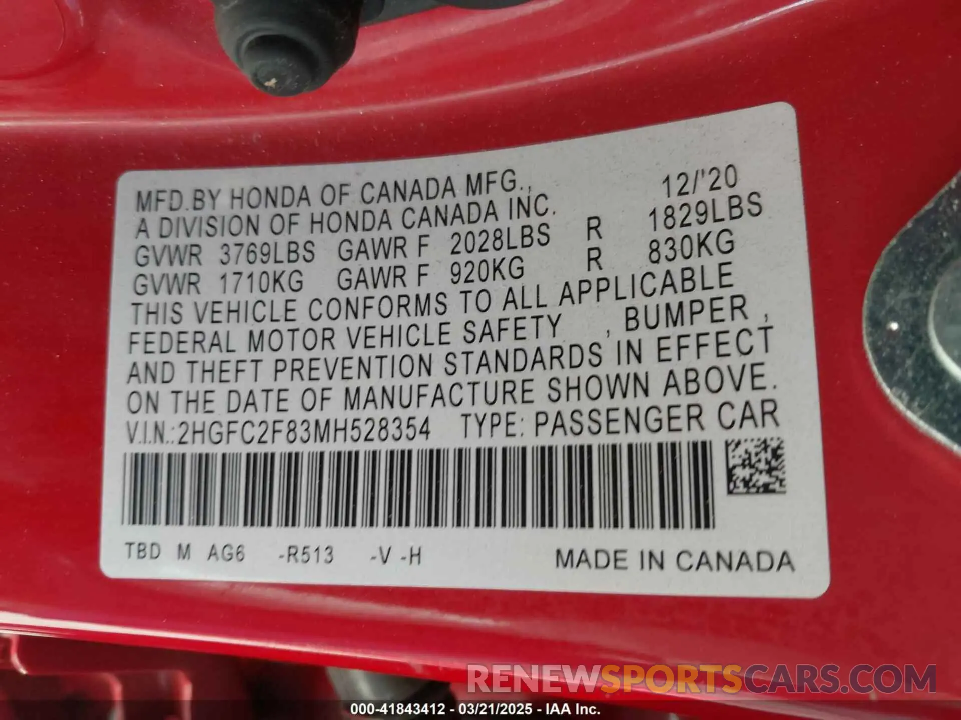 9 fotografías del automóvil dañado 2HGFC2F83MH528354 HONDA CIVIC 2021