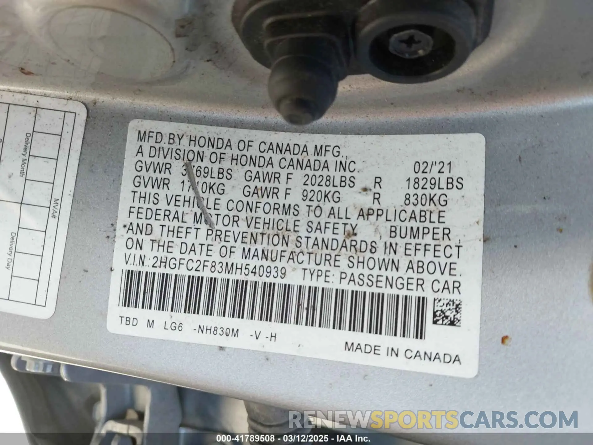 9 fotografías del automóvil dañado 2HGFC2F83MH540939 HONDA CIVIC 2021