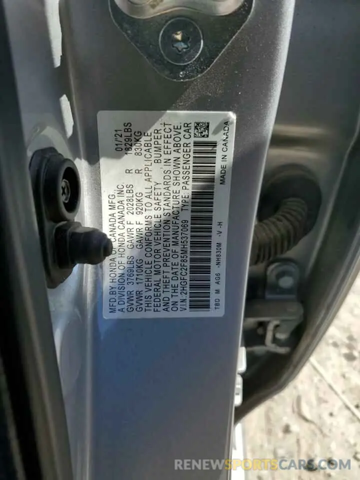 12 fotografías del automóvil dañado 2HGFC2F85MH537069 HONDA CIVIC 2021