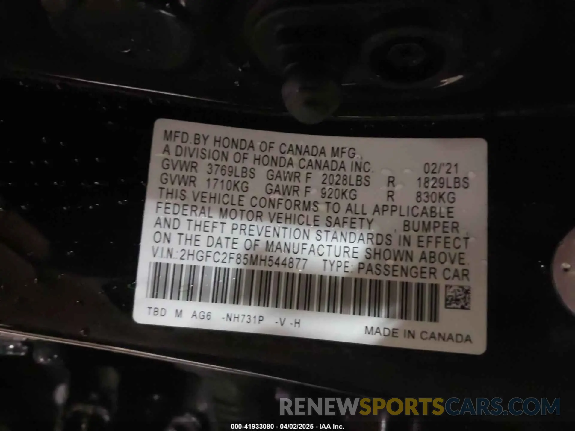 9 fotografías del automóvil dañado 2HGFC2F85MH544877 HONDA CIVIC 2021