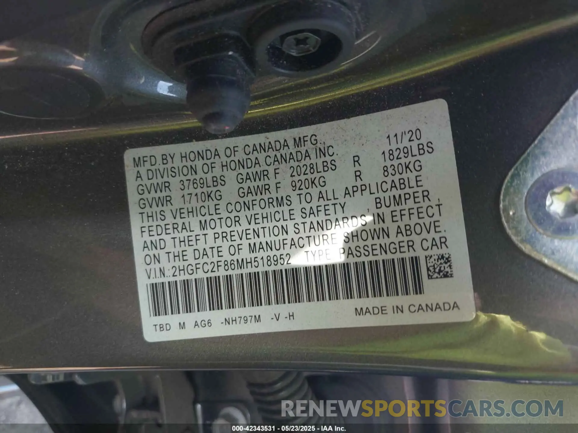 9 fotografías del automóvil dañado 2HGFC2F86MH518952 HONDA CIVIC 2021