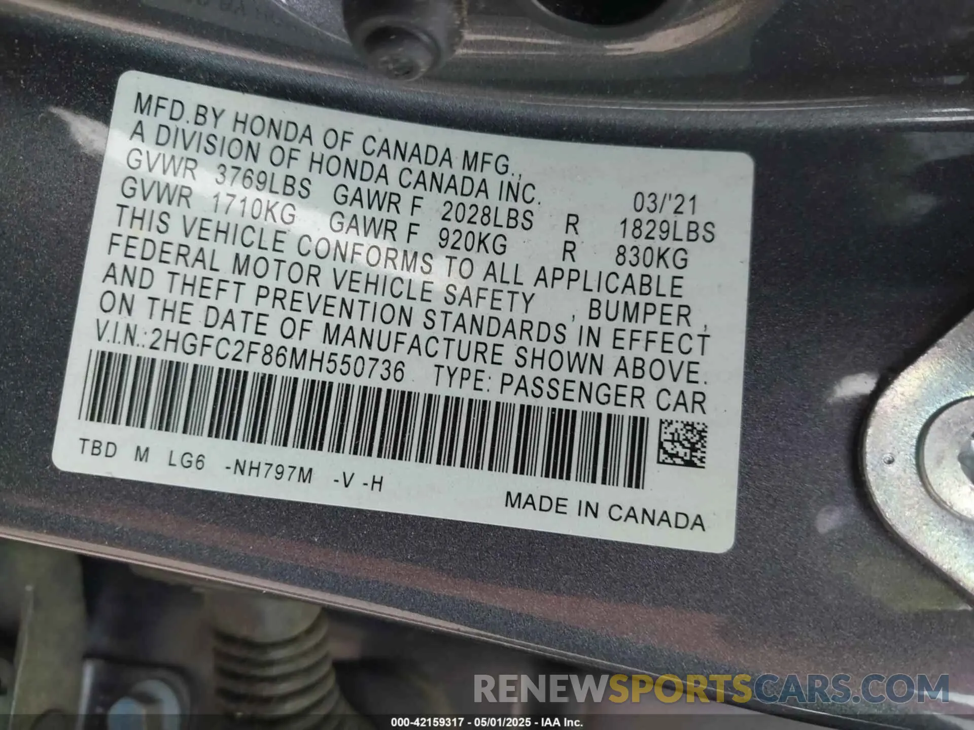 9 fotografías del automóvil dañado 2HGFC2F86MH550736 HONDA CIVIC 2021