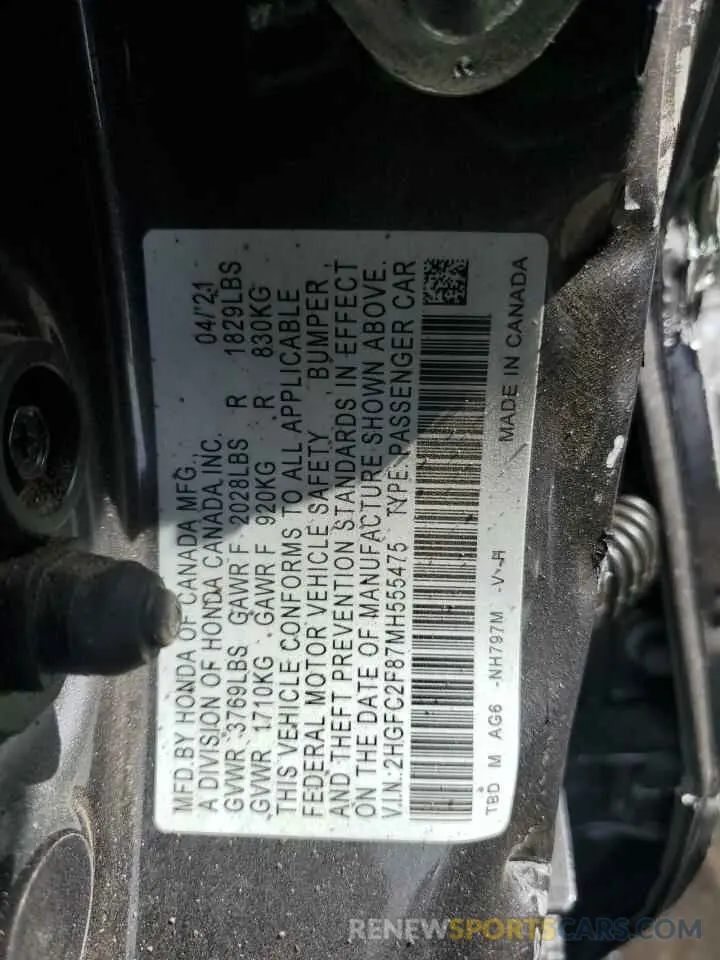 13 fotografías del automóvil dañado 2HGFC2F87MH555475 HONDA CIVIC 2021