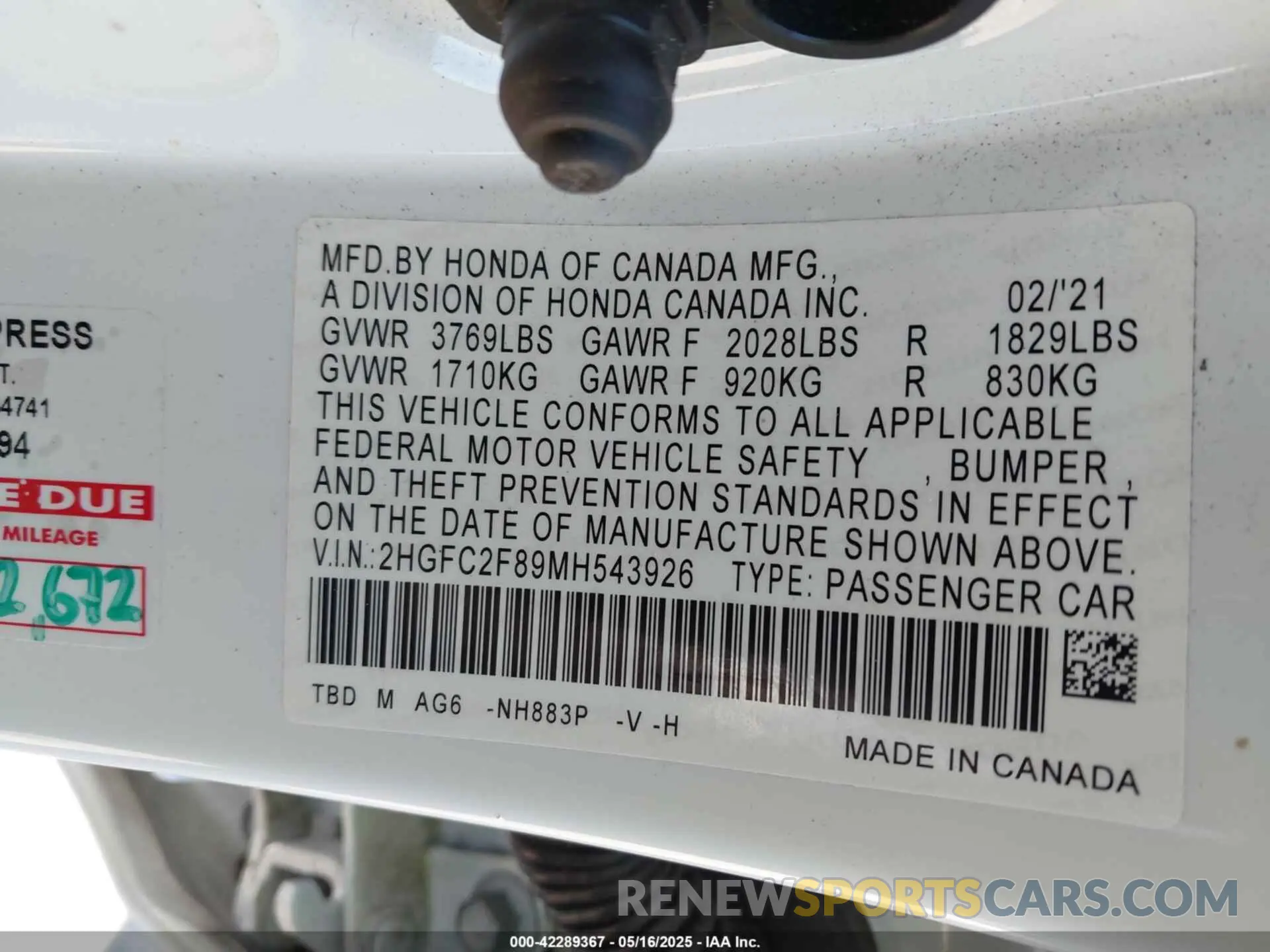 9 fotografías del automóvil dañado 2HGFC2F89MH543926 HONDA CIVIC 2021