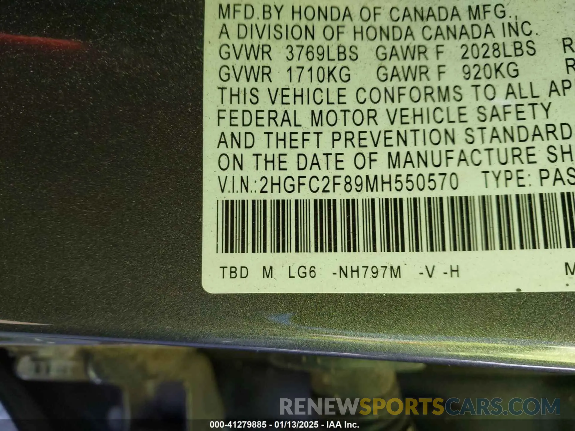 9 fotografías del automóvil dañado 2HGFC2F89MH550570 HONDA CIVIC 2021