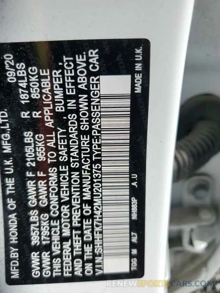 12 fotografías del automóvil dañado SHHFK7H42MU201375 HONDA CIVIC 2021
